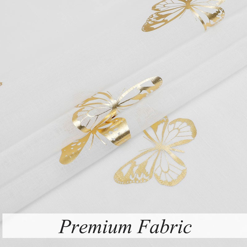 Jubilantex Butterfly White Sheer Curtain Panels for Kids Nursery Girl, Gold Print Toddler Linen Textured Voile Rustic Rod Pocket Drapes 63 Inch for Farmhouse, Living Room, Bedroom, 2 Panels - Image 4